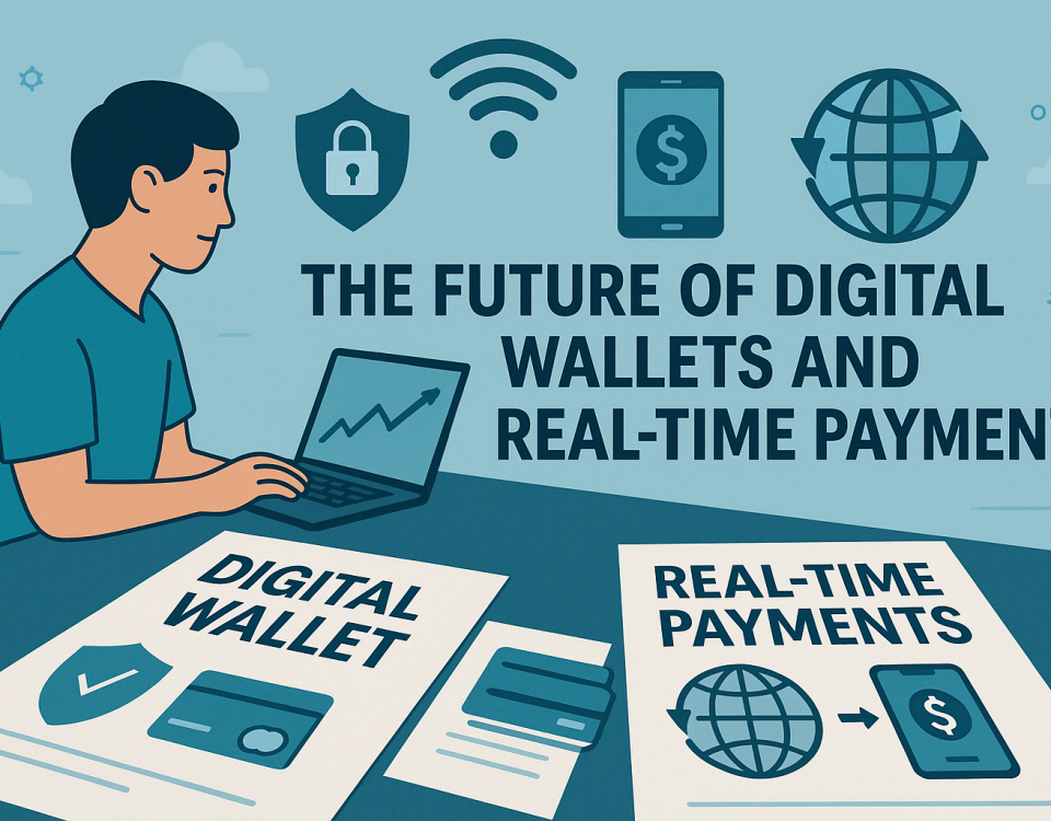 Illustration of a person using a laptop to analyze charts related to digital wallets and real-time payments, with icons of security, mobile banking, and global transactions in a modern landscape layout